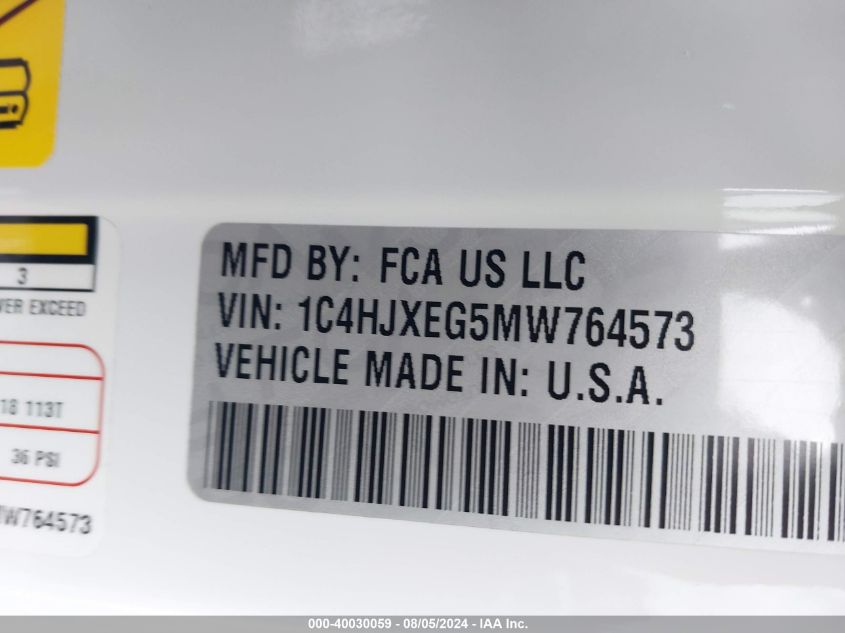 2021 JEEP WRANGLER UNLIMITED VIN: 1C4HJXEG5MW764573