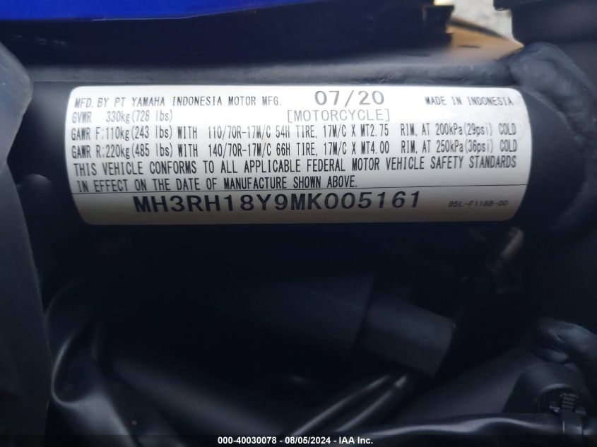 MH3RH18Y9MK005161 2021 Yamaha Yzfr3 A