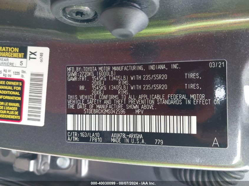 2021 Toyota Highlander Hybrid Platinum VIN: 5TDEBRCH2MS042596 Lot: 40030099