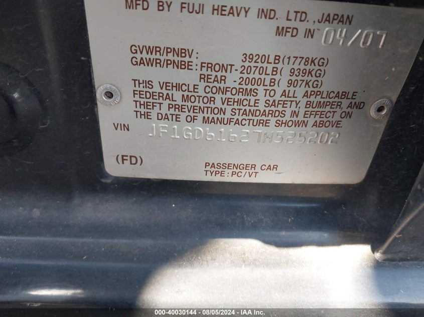 2007 Subaru Impreza 2.5I VIN: JF1GD61627H525202 Lot: 40030144