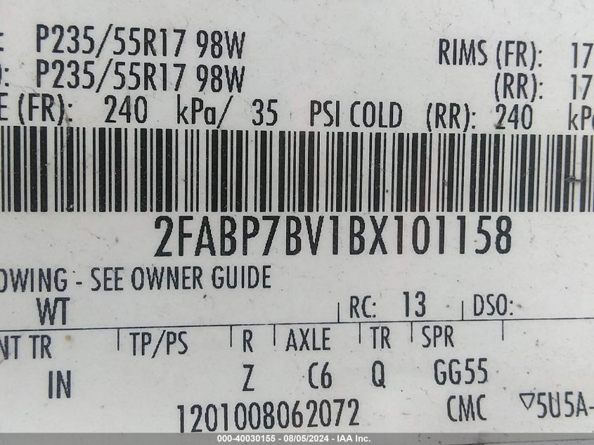 2011 Ford Crown Victoria Police Interceptor VIN: 2FABP7BV1BX101158 Lot: 40030155