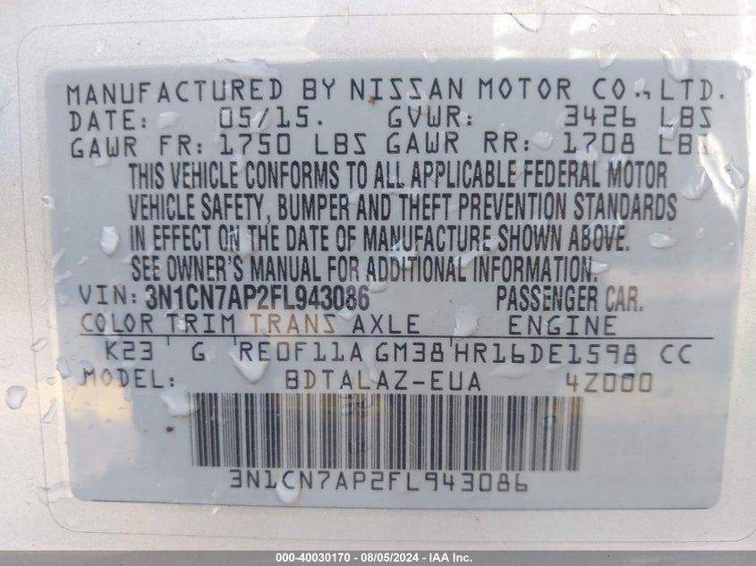 2015 Nissan Versa S/S Plus/Sv/Sl VIN: 3N1CN7AP2FL943086 Lot: 40030170