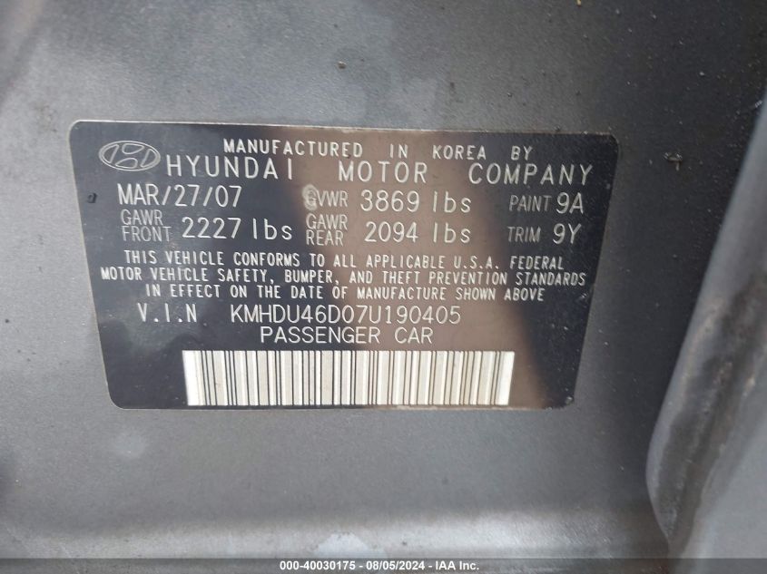 2007 Hyundai Elantra Gls/Limited/Se VIN: KMHDU46D07U190405 Lot: 40030175