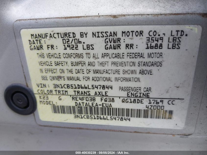 2006 Nissan Sentra 1.8S VIN: 3N1CB51D66L547844 Lot: 40030239