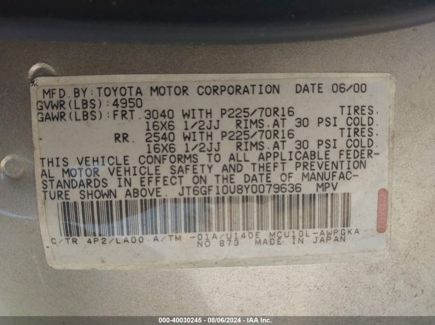 2000 Lexus Rx 300 VIN: JT6GF10U8Y0079636 Lot: 40030245