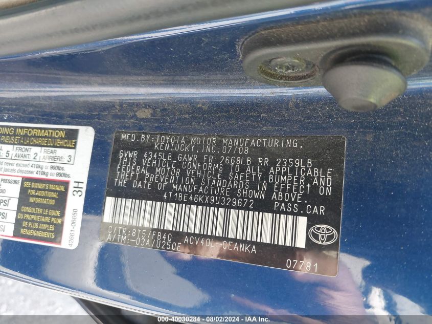 2009 Toyota Camry VIN: 4T1BE46KX9U329672 Lot: 40030284