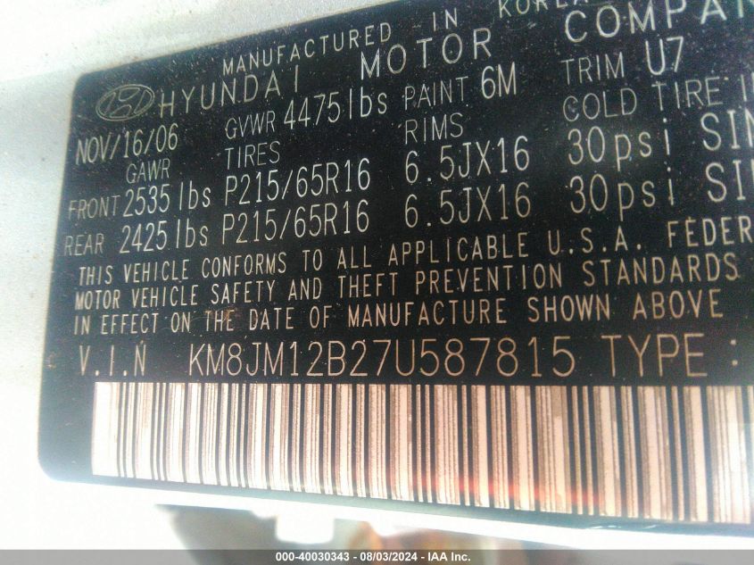 2007 Hyundai Tucson Gls VIN: KM8JM12B27U587815 Lot: 40030343