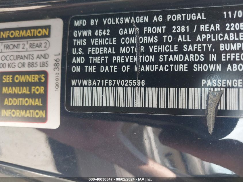 2007 Volkswagen Eos 2.0T VIN: WVWBA71F87V025596 Lot: 40030347
