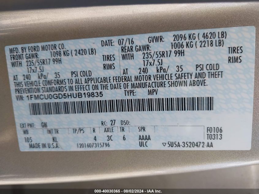 2017 Ford Escape Se VIN: 1FMCU0GD5HUB19835 Lot: 40030365