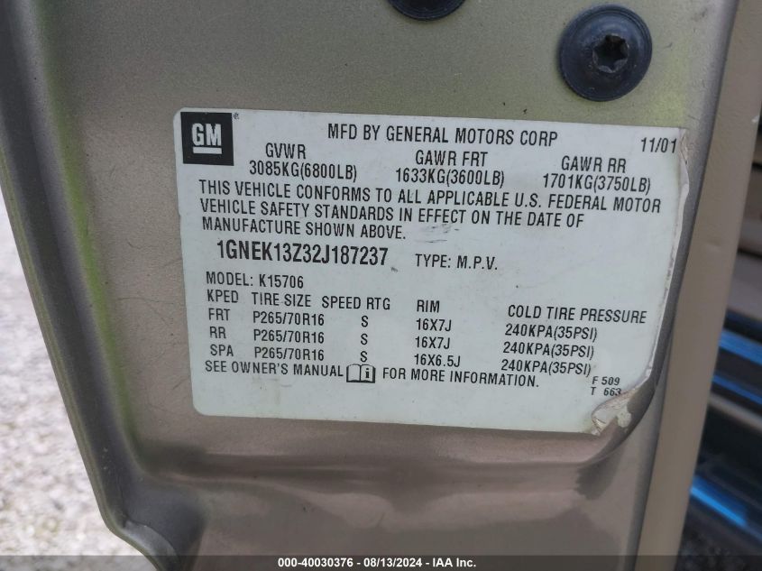 2002 Chevrolet Tahoe Lt VIN: 1GNEK13Z32J187237 Lot: 40030376