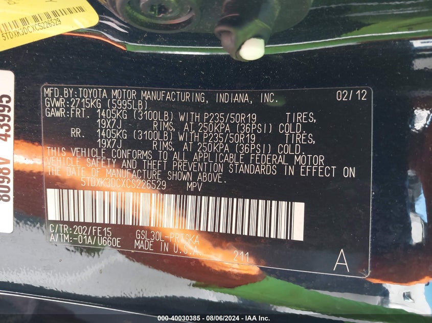 2012 Toyota Sienna Sport VIN: 5TDXK3DCXCS226529 Lot: 40030385