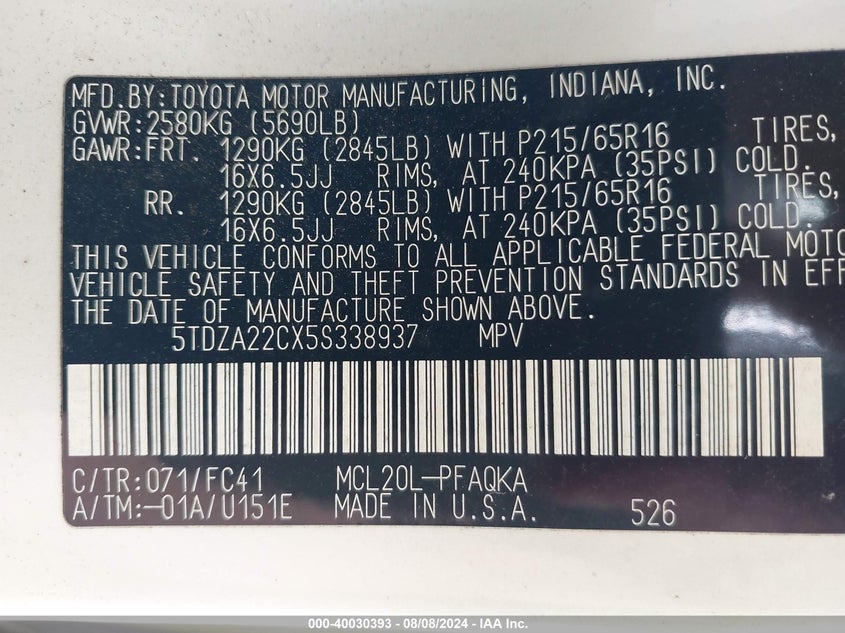 2005 Toyota Sienna Xle VIN: 5TDZA22CX5S338937 Lot: 40030393