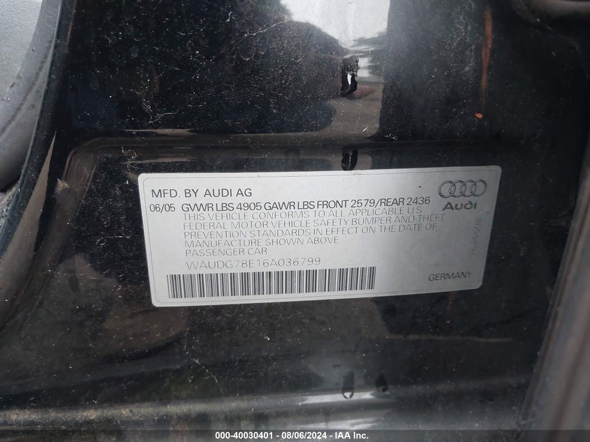 2006 Audi A4 3.2 VIN: WAUDG78E16A036799 Lot: 40030401