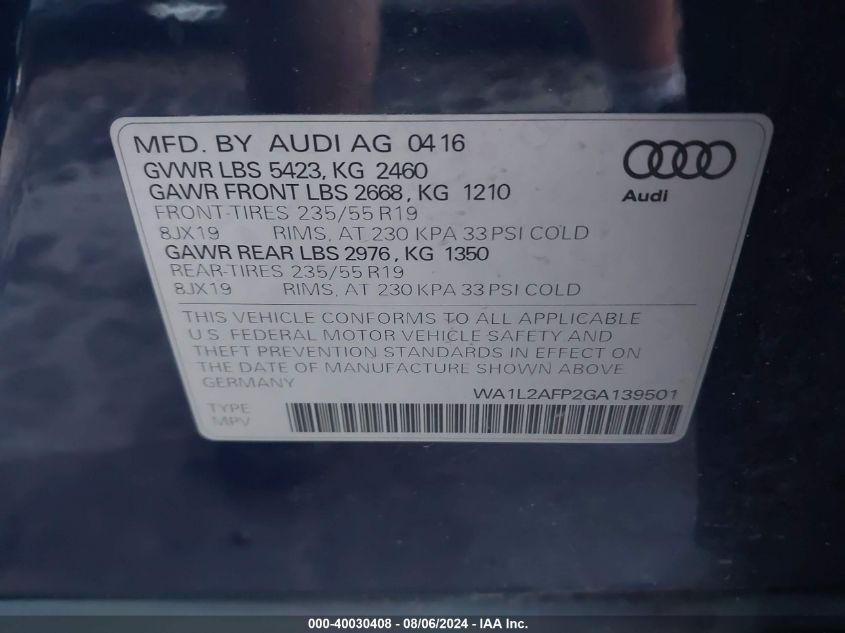 2016 Audi Q5 2.0T Premium VIN: WA1L2AFP2GA139501 Lot: 40030408