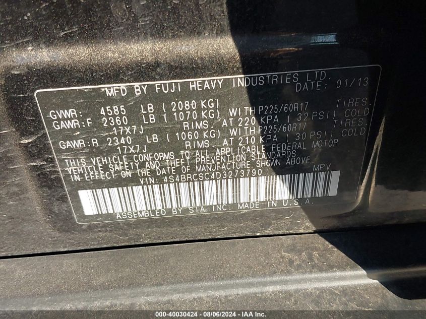 2013 Subaru Outback 2.5I Limited VIN: 4S4BRCSC4D3273790 Lot: 40030424