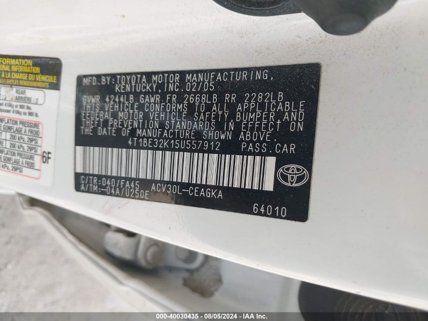 2005 Toyota Camry Xle VIN: 4T1BE32K15U557912 Lot: 40030435