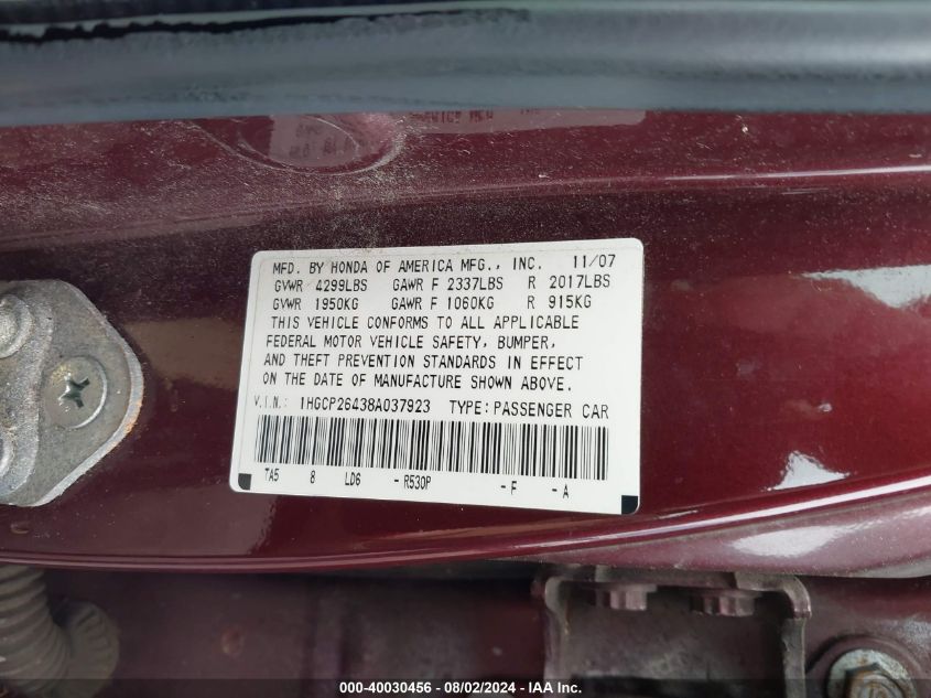 1HGCP26438A037923 | 2008 HONDA ACCORD