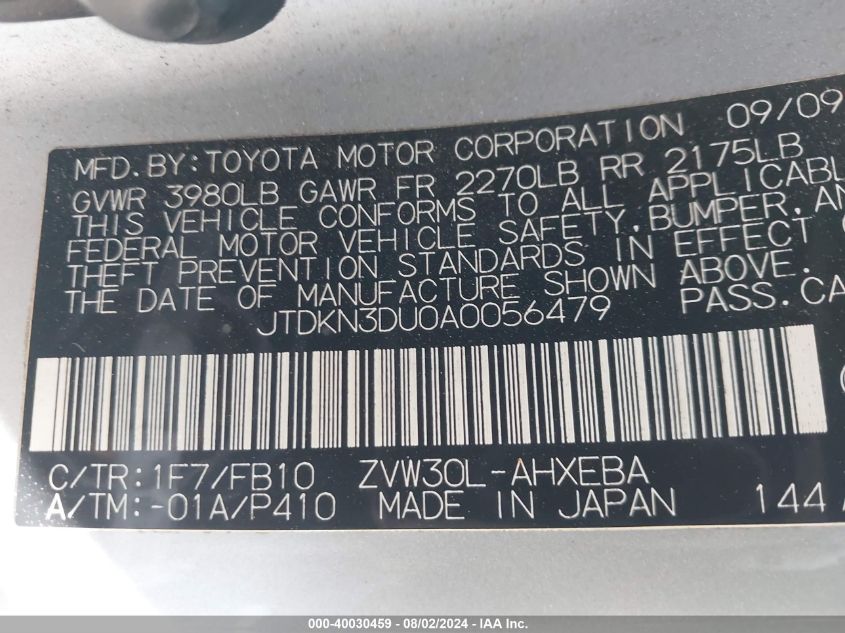 2010 Toyota Prius Iii VIN: JTDKN3DU0A0056479 Lot: 40030459