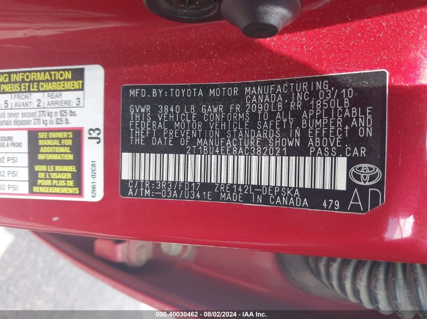 2010 Toyota Corolla S VIN: 2T1BU4EE8AC382021 Lot: 40030462