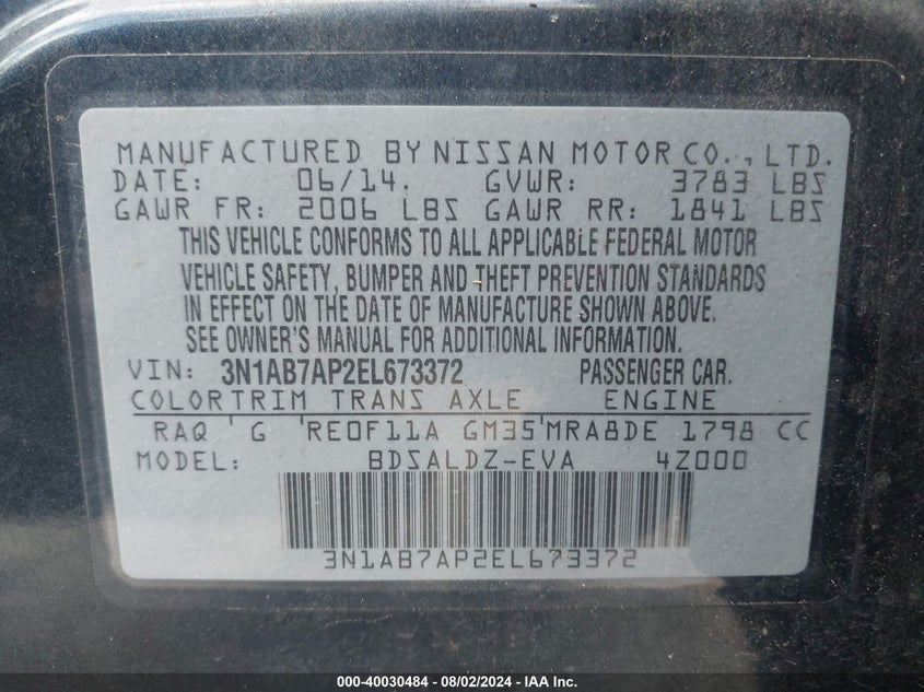 2014 Nissan Sentra Fe+ S/Fe+ Sv/S/Sl/Sr/Sv VIN: 3N1AB7AP2EL673372 Lot: 40030484