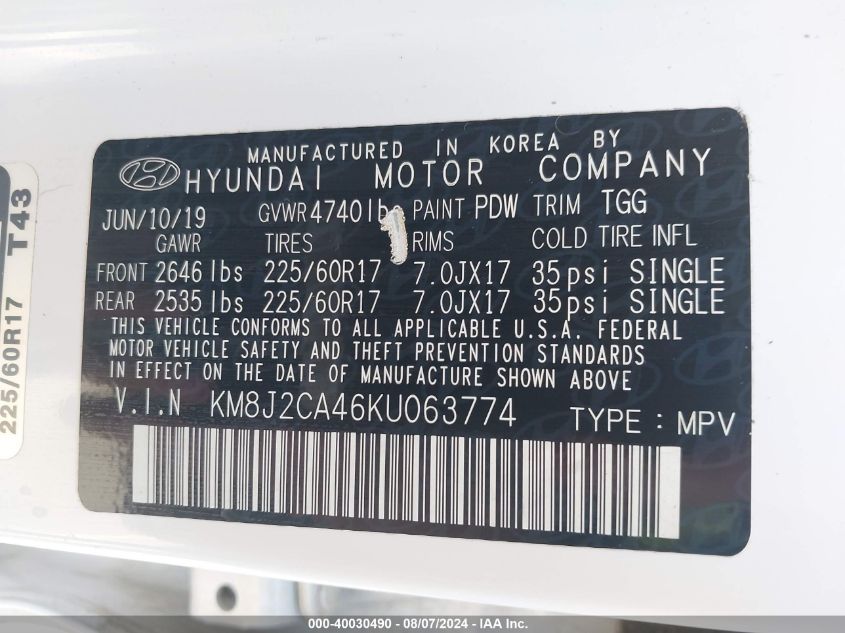 KM8J2CA46KU063774 2019 Hyundai Tucson Se