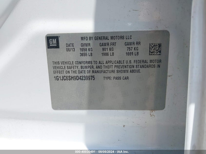 2013 Chevrolet Sonic Lt Auto VIN: 1G1JC6SH9D4239975 Lot: 40030491