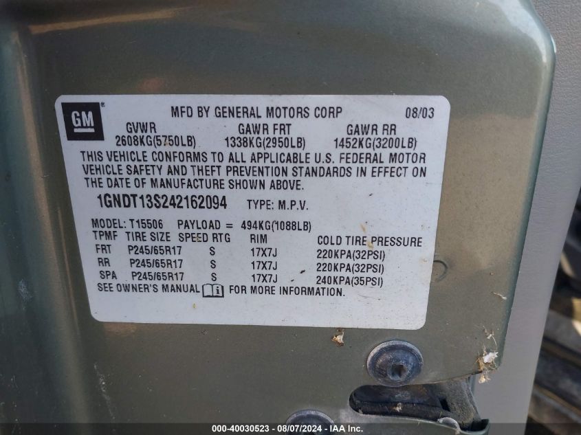 2004 Chevrolet Trailblazer Lt VIN: 1GNDT13S42162094 Lot: 40030523