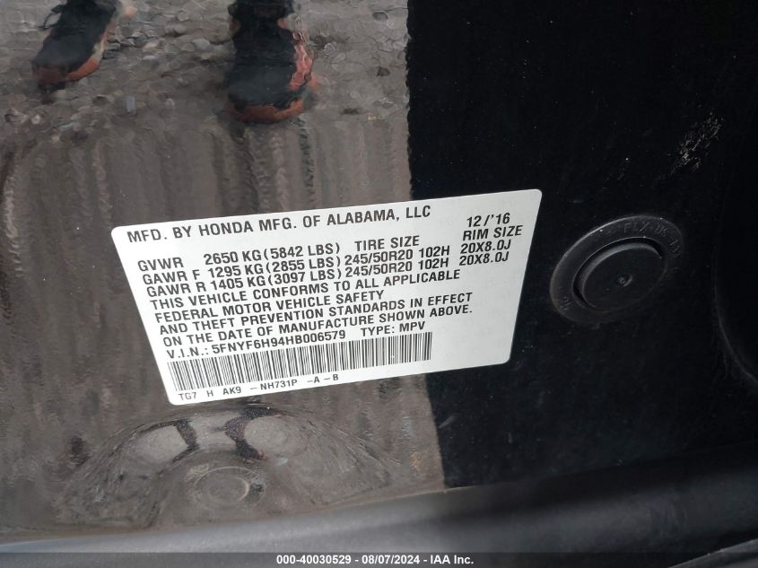 2017 Honda Pilot Touring VIN: 5FNYF6H94HB006579 Lot: 40030529