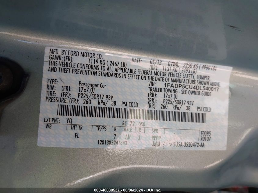 2013 Ford C-Max Energi Sel VIN: 1FADP5CU4DL540017 Lot: 40030537