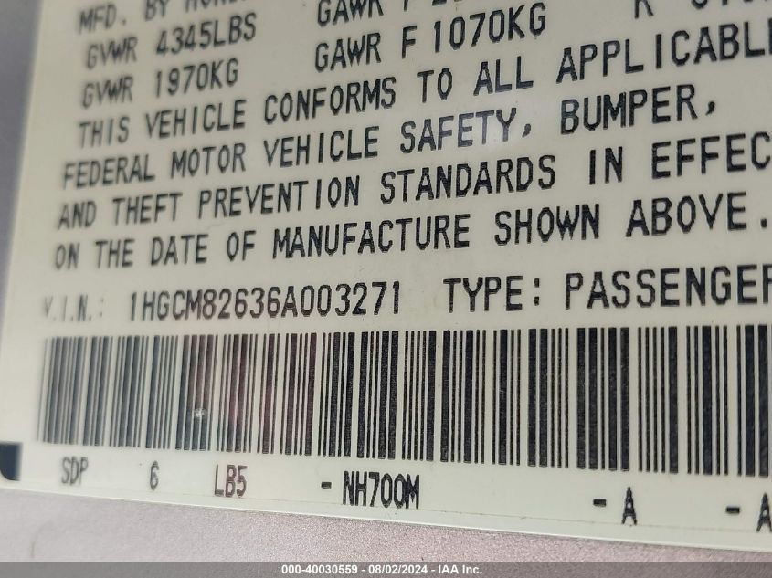 2006 Honda Accord 3.0 Ex VIN: 1HGCM82636A003271 Lot: 40030559