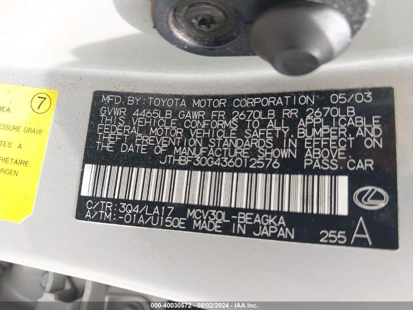 2003 Lexus Es 300 Base (A5) VIN: JTHBF30G436012576 Lot: 40030572