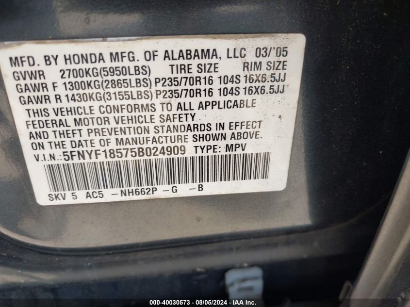 2005 Honda Pilot Ex-L VIN: 5FNYF18575B024909 Lot: 40030573