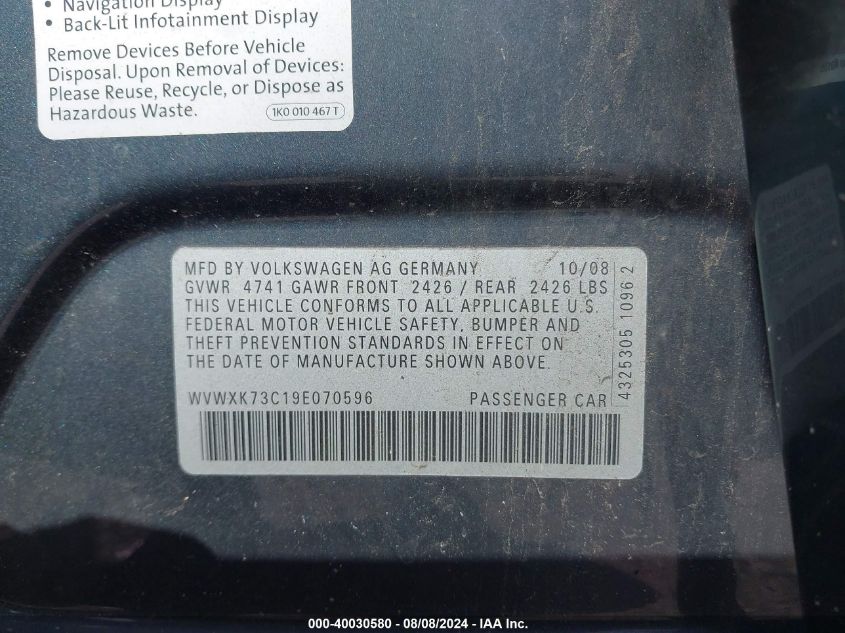 2009 Volkswagen Passat Komfort VIN: WVWXK73C19E070596 Lot: 40030580