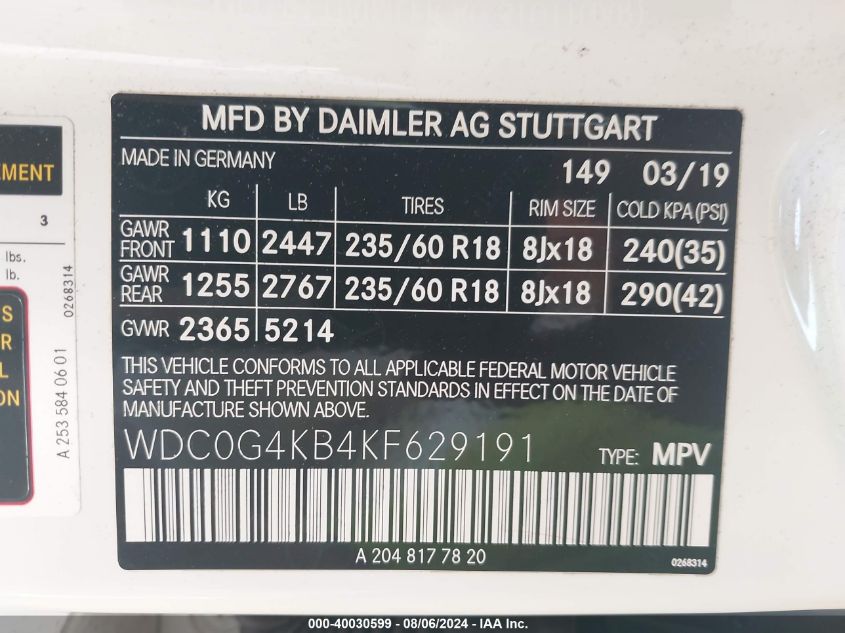 WDC0G4KB4KF629191 2019 Mercedes-Benz Glc 300 4Matic