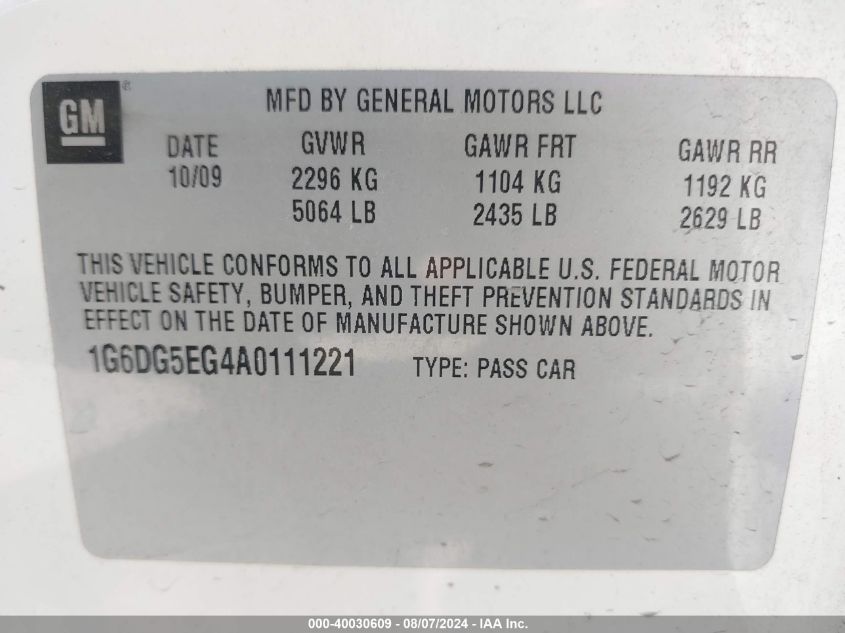 2010 Cadillac Cts Luxury VIN: 1G6DG5EG4A0111221 Lot: 40030609