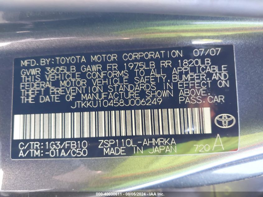 2008 Scion Xd VIN: JTKKU10458J006249 Lot: 40030611