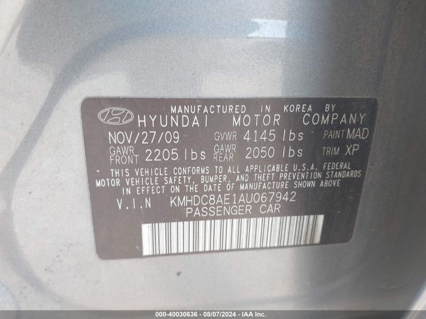 2010 Hyundai Elantra Touring Se VIN: KMHDC8AE1AU067942 Lot: 40030636