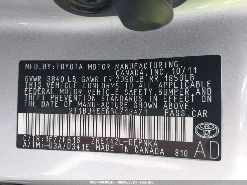 2011 Toyota Corolla Le VIN: 2T1BU4EE6BC713471 Lot: 40030646