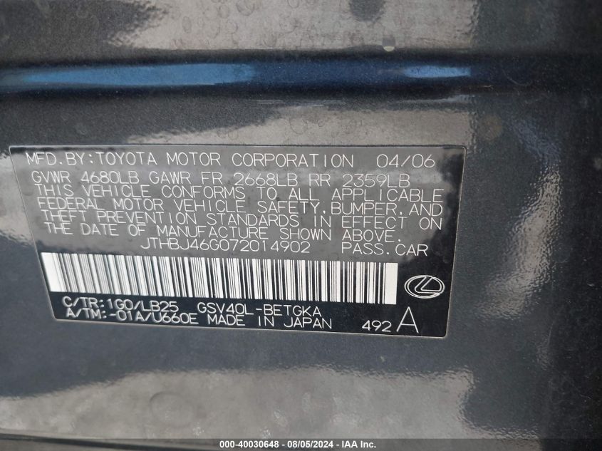 2007 Lexus Es 350 VIN: JTHBJ46G072014902 Lot: 40030648