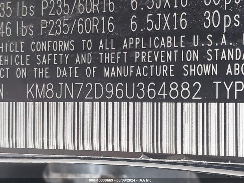 2006 Hyundai Tucson Gls/Limited VIN: KM8JN72D96U364882 Lot: 40030669