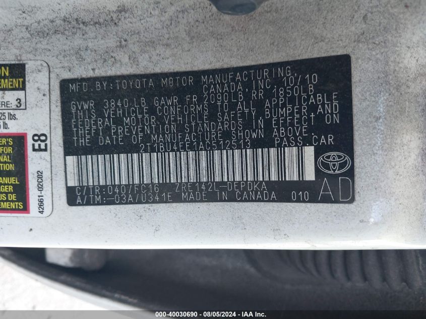 2010 Toyota Corolla Le VIN: 2T1BU4EE1AC512513 Lot: 40030690