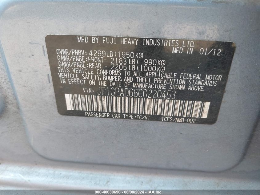 2012 Subaru Impreza 2.0I Premium VIN: JF1GPAD66CG220453 Lot: 40030696