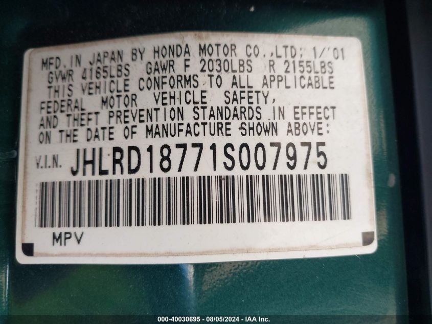 2001 Honda Cr-V Se/Le VIN: JHLRD18771S007975 Lot: 40030695