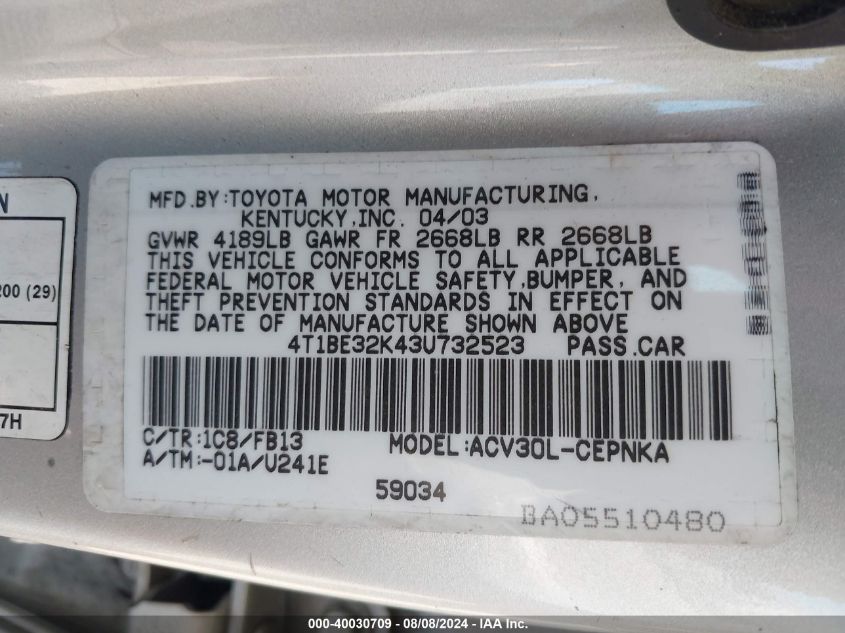 2003 Toyota Camry Le VIN: 4T1BE32K43U732523 Lot: 40030709