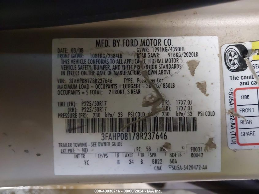 2008 Ford Fusion Sel VIN: 3FAHP08178R237646 Lot: 40030716