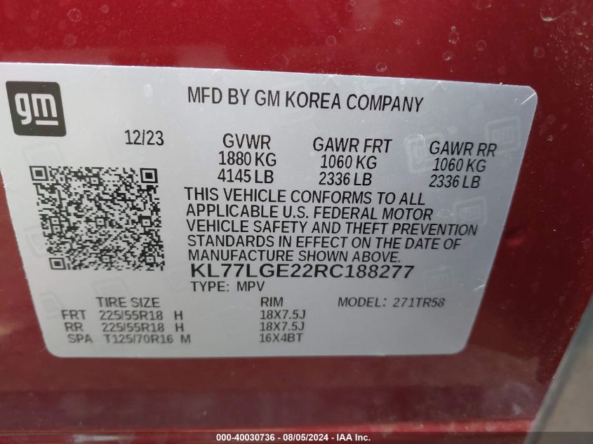 2024 Chevrolet Trax Fwd 1Rs VIN: KL77LGE22RC188277 Lot: 40030736