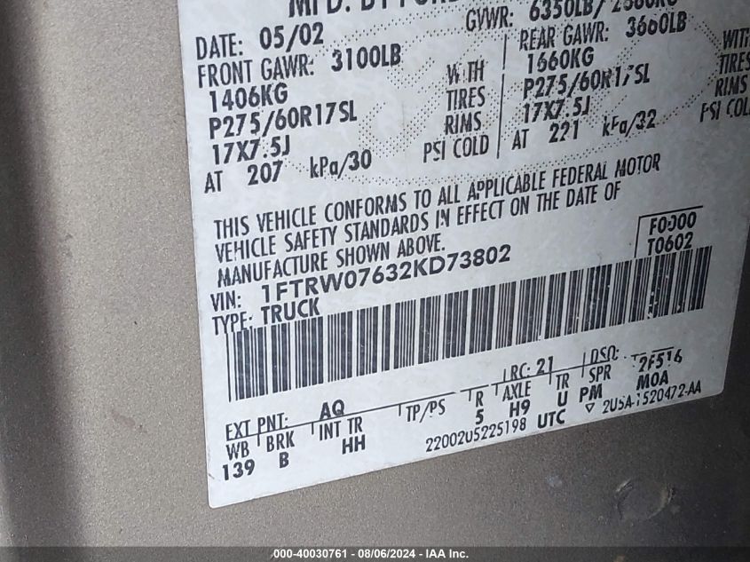 2002 Ford F-150 Lariat/Xlt VIN: 1FTRW07632KD73802 Lot: 40030761