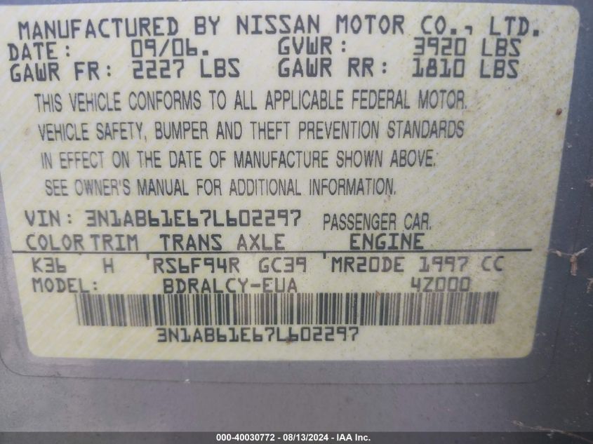 2007 Nissan Sentra 2.0/2.0S/2.0Sl VIN: 3N1AB61E67L602297 Lot: 40030772