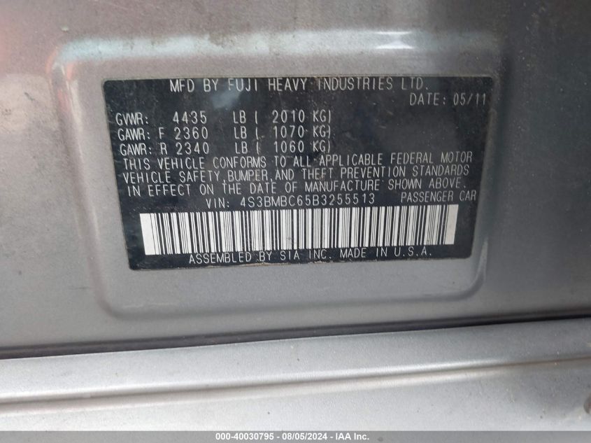 2011 Subaru Legacy 2.5I Premium VIN: 4S3BMBC65B3255513 Lot: 40030795