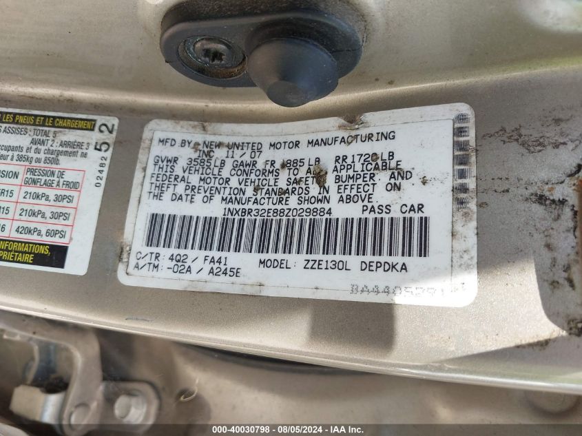 2008 Toyota Corolla Ce VIN: 1NXBR32E88Z029884 Lot: 40030798